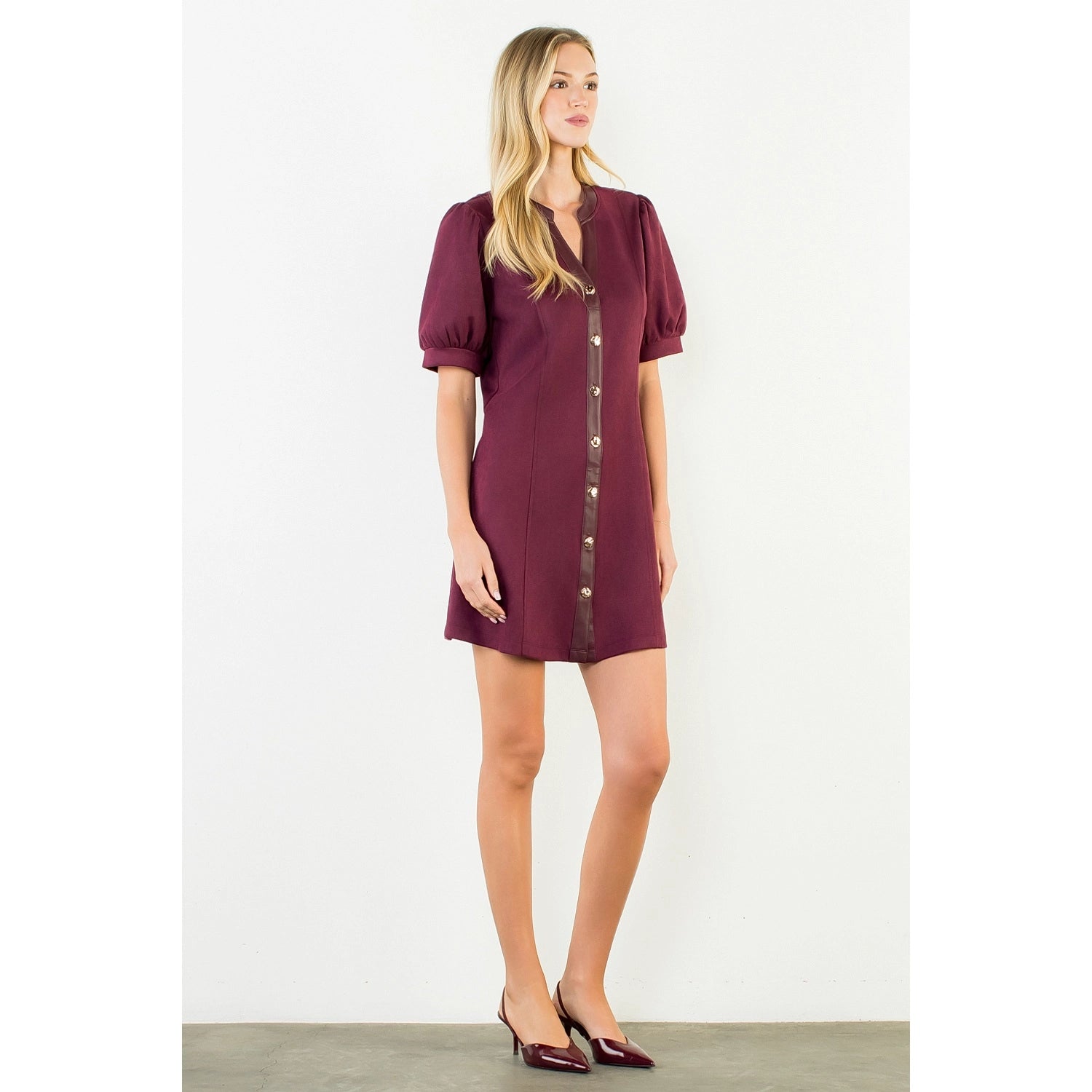 Suede Short Dress with Gold Buttons - Burgundy