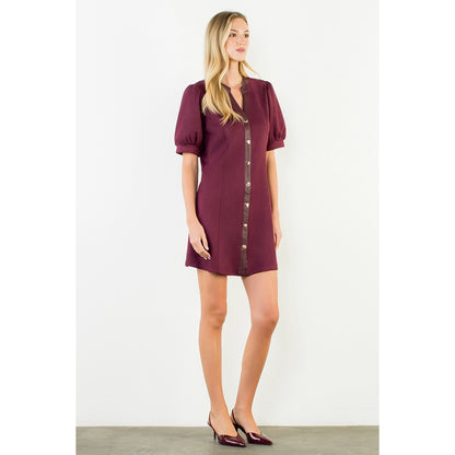 Suede Short Dress with Gold Buttons - Burgundy