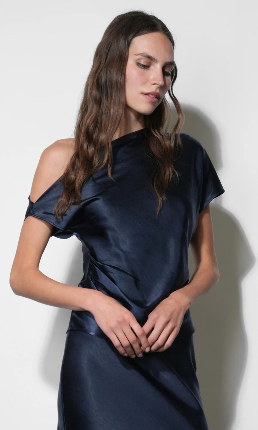 Nellie Asymmetric Satin Draped Off Shoulder Top - Navy