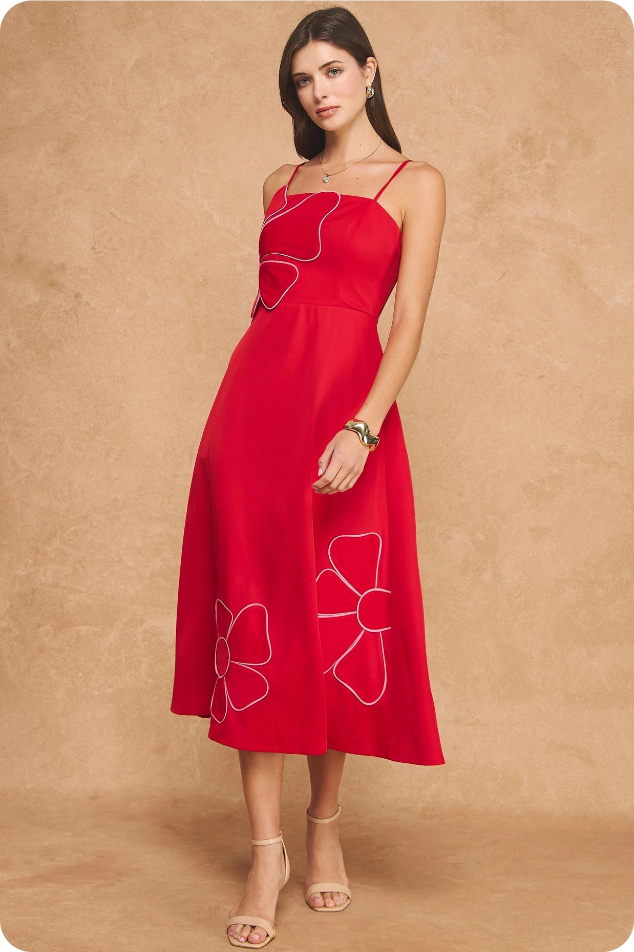 Oversized Floral Appliqué Piping Sleeveless Midi Dress - Red/Pink