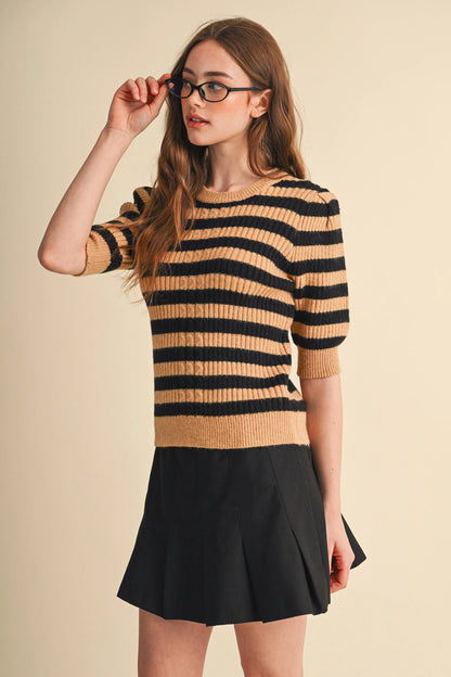 Striped Cable Knit Short Sleeve Sweater - Sand Black
