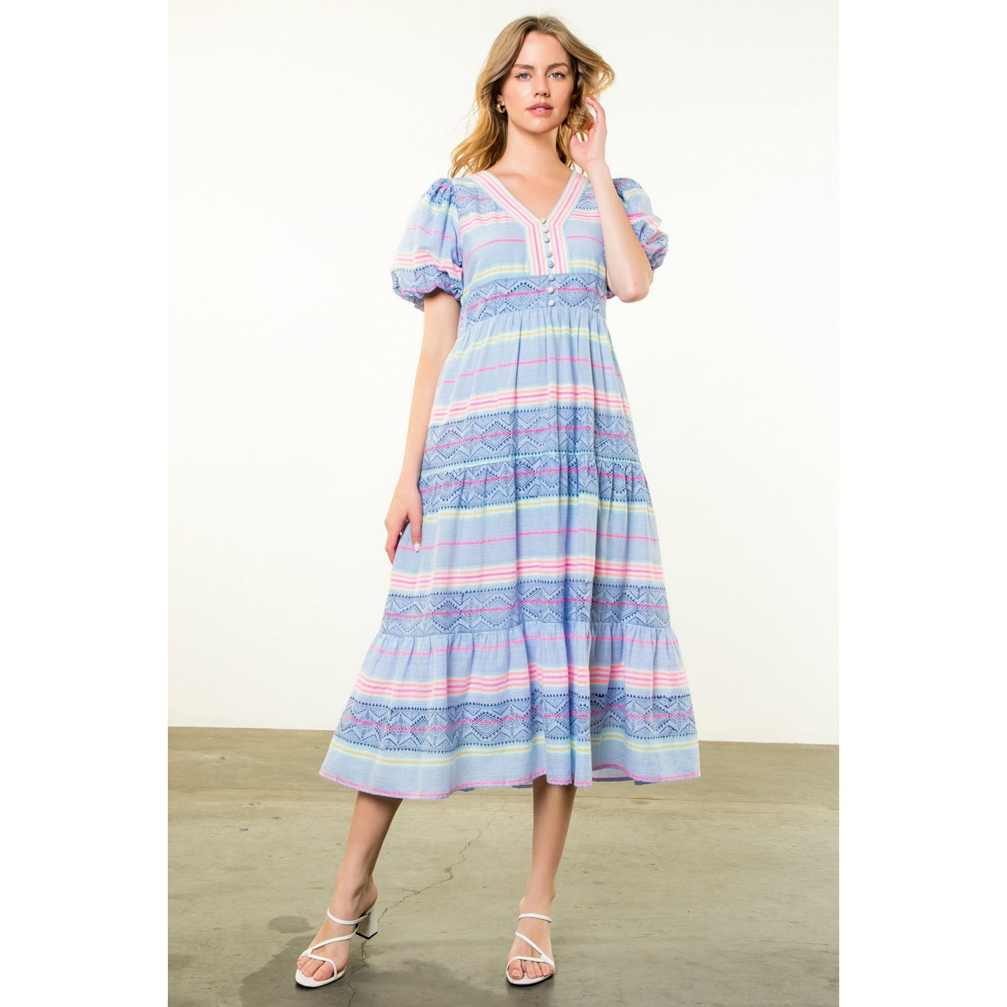 THML - Puff Sleeve Pattern Dress - Blue