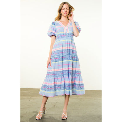 THML - Puff Sleeve Pattern Dress - Blue