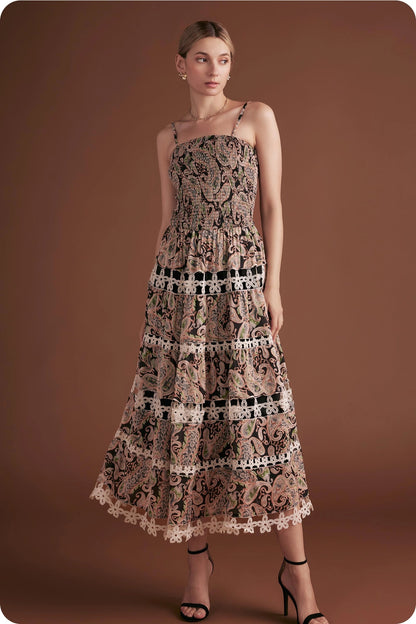 Posh Paisley Eyelet Lace Midi Dress - Black Multi