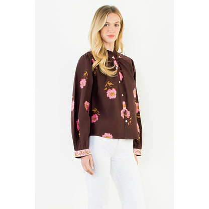 Long Sleeve Floral Top with Pattern Cuffs - Brown