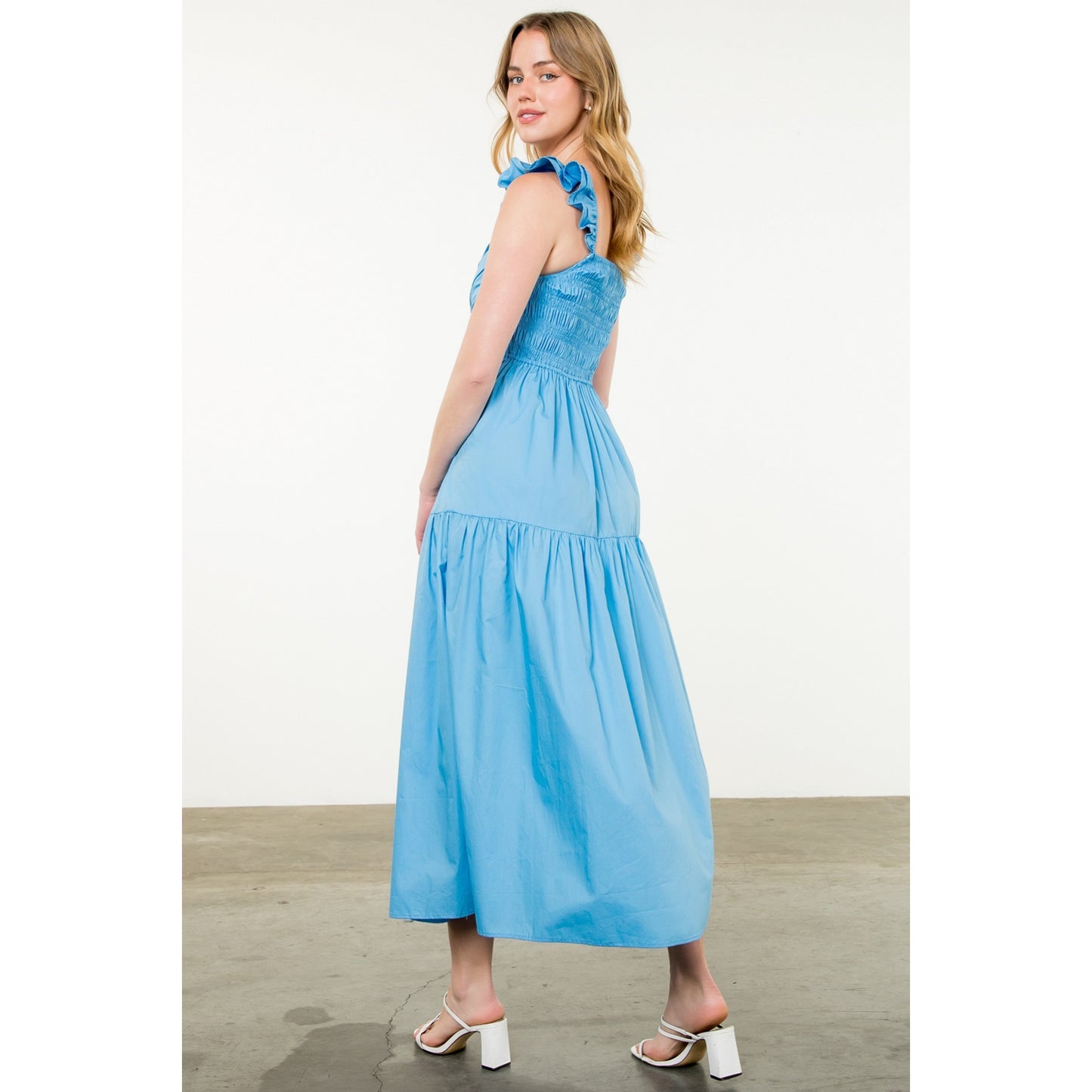 THML - Tiered Poplin Maxi Dress - Blue