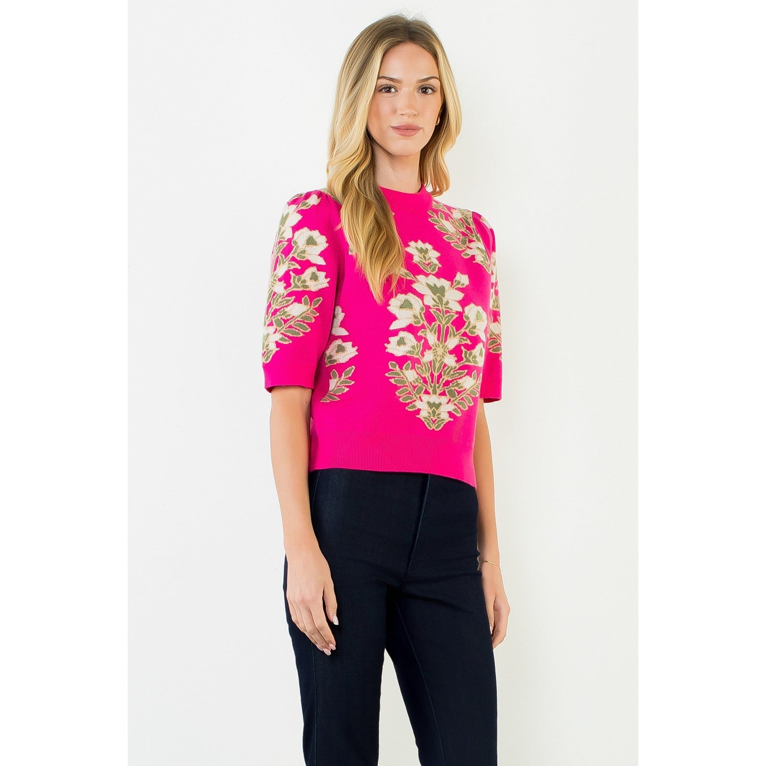 Short Sleeve Floral Pattern Sweater - Pink