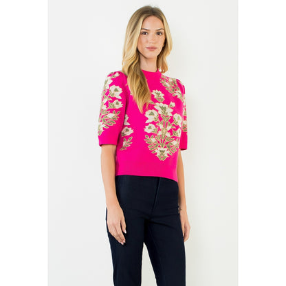 Short Sleeve Floral Pattern Sweater - Pink