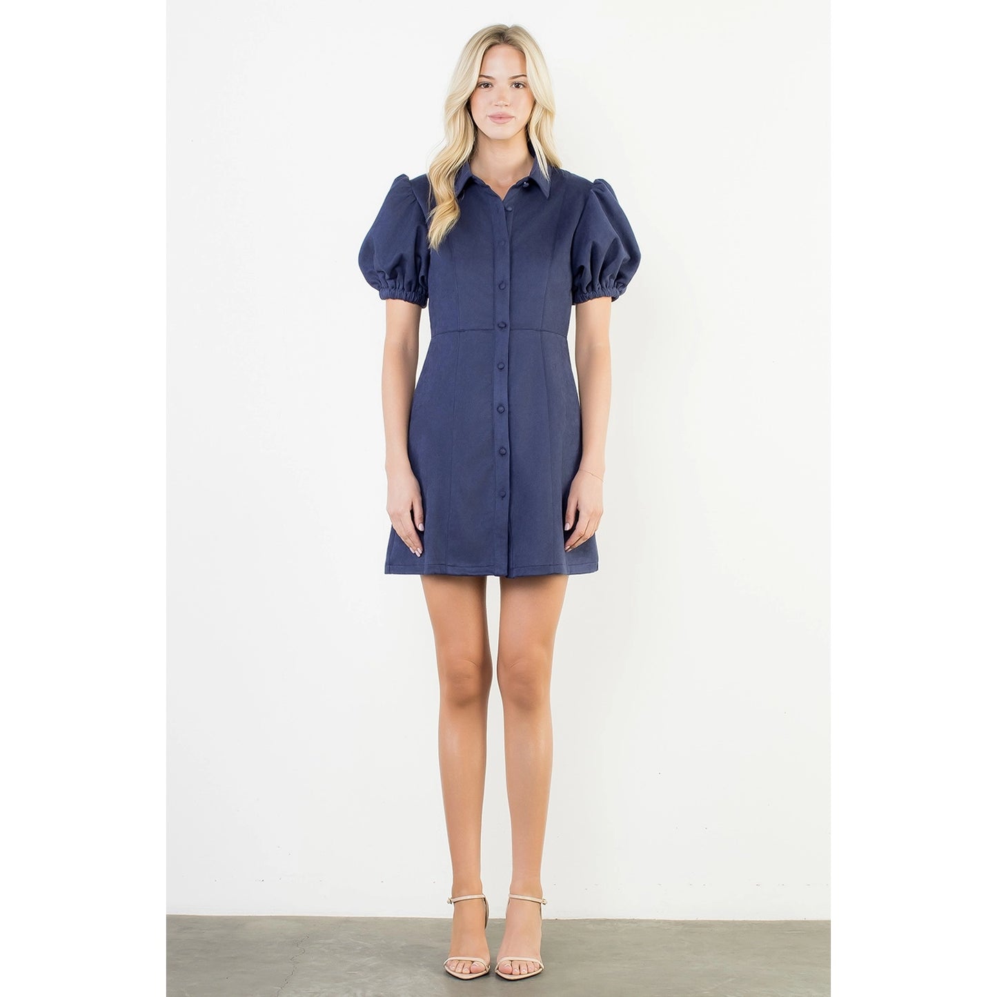 Puff Sleeve Button Up Suede Dress - Navy