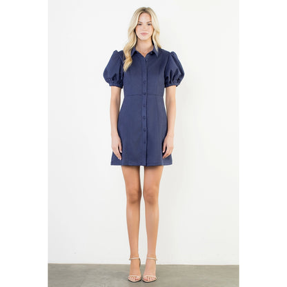 Puff Sleeve Button Up Suede Dress - Navy