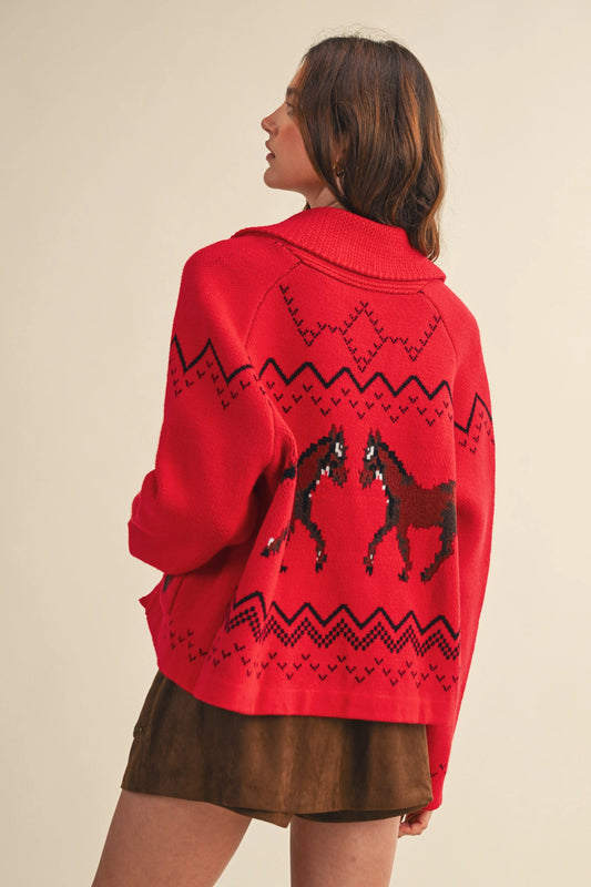 Horse Knit Sweater Cardigan - Red