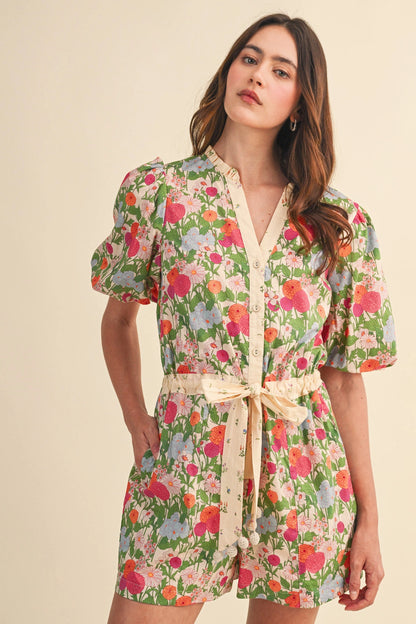 Bubble Sleeve Floral Print Romper - Cream Pink Floral
