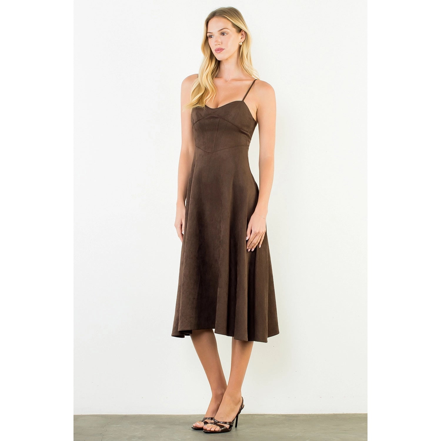 Suede Strapped Dress - Brown