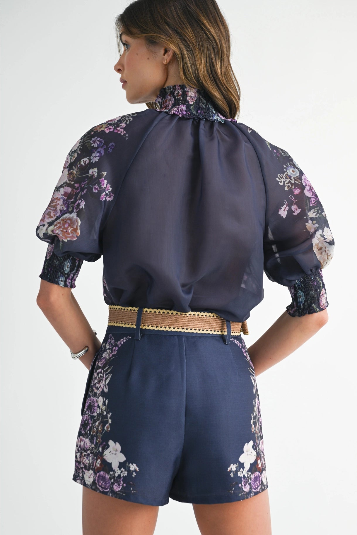 Floral Button Up Top and Short Set - Navy Flower