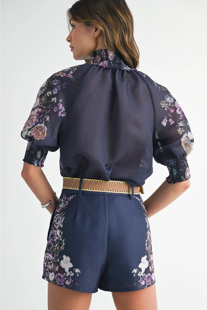 Floral Button Up Top and Short Set - Navy Flower