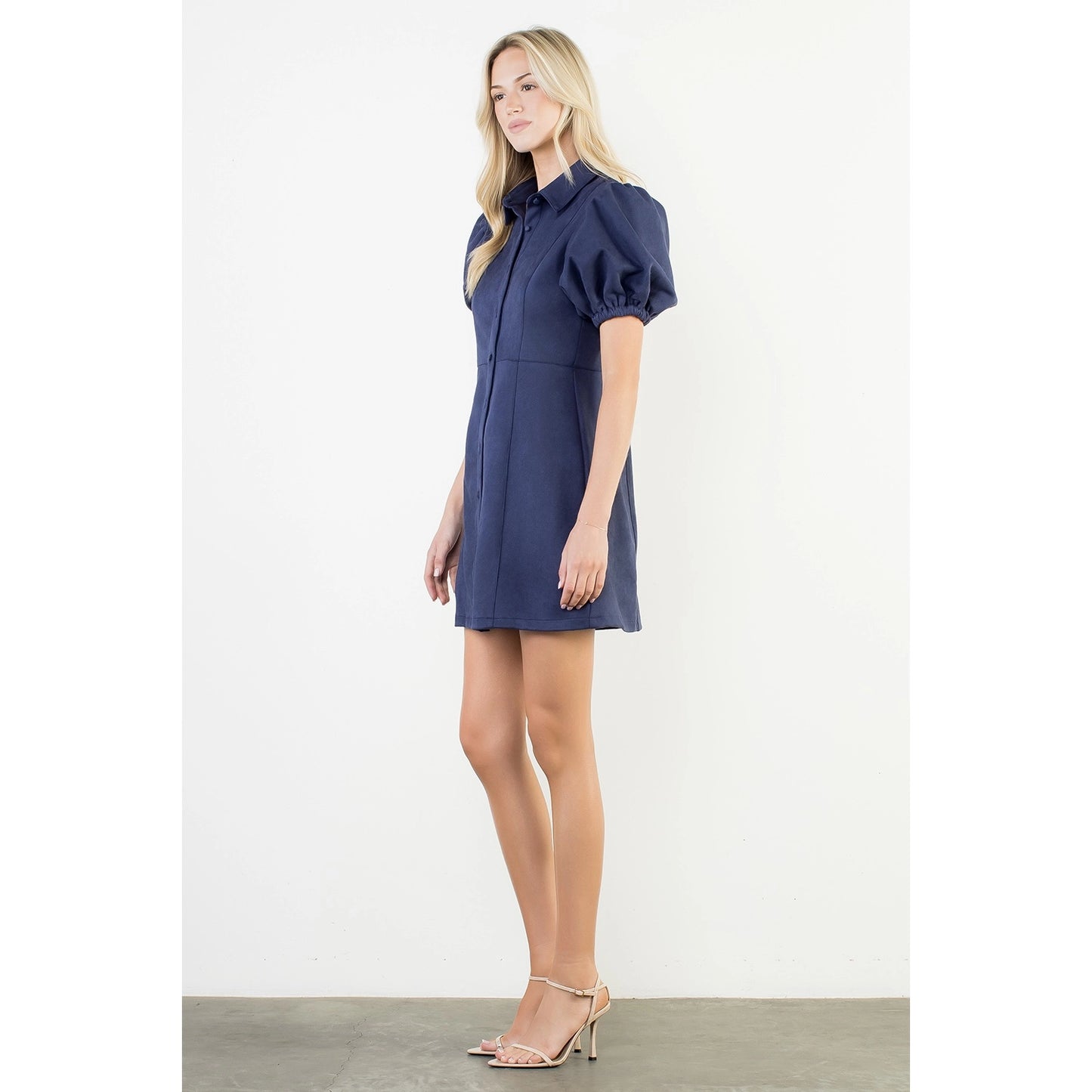 Puff Sleeve Button Up Suede Dress - Navy