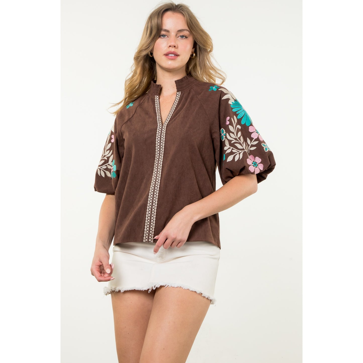 THML - Embroidered Puff Sleeve Corduroy Top - Brown