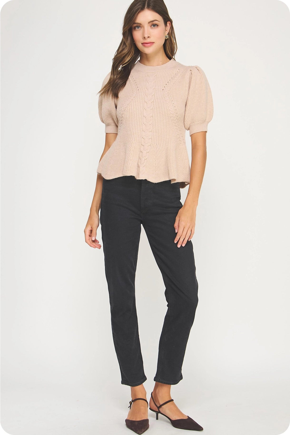 Flared Puff Sleeve Knit Top - Oatmeal