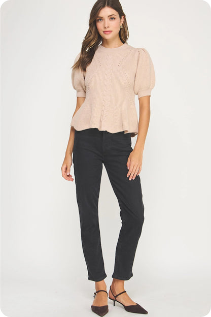 Flared Puff Sleeve Knit Top - Oatmeal