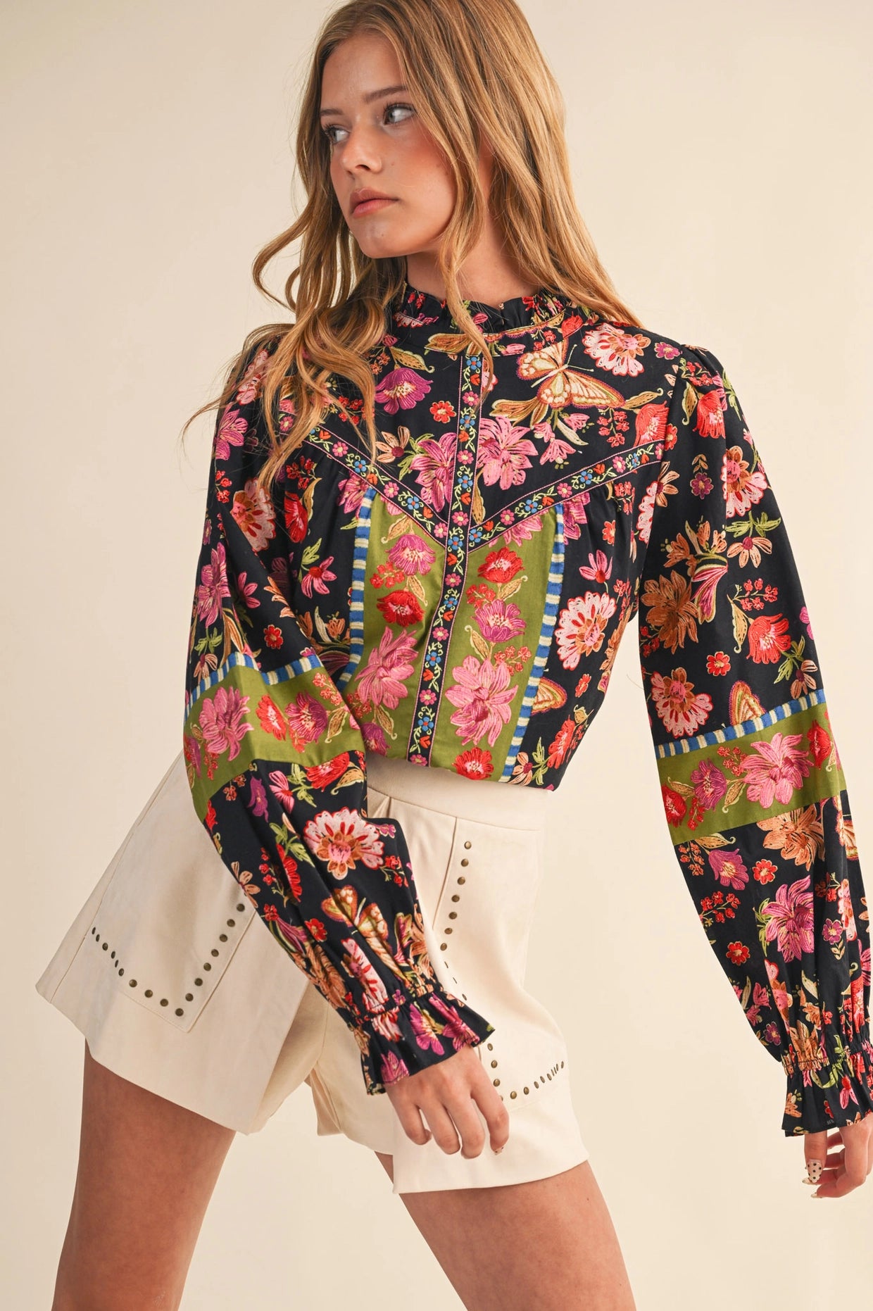 Exclusive Floral Border Print Top with Floral Trim - Black Multi Floral