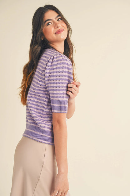 Striped Pointelle Knit Puff Sleeve Sweater - Pink Lavender
