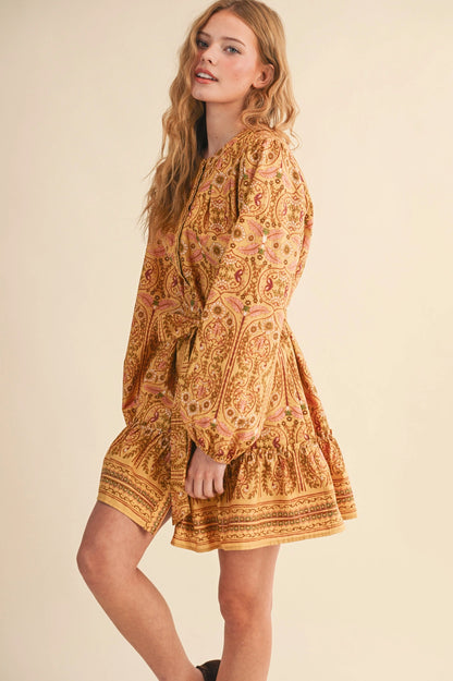 Exclusive Floral Print Button Down Belted Mini Dress - Mustard Multi