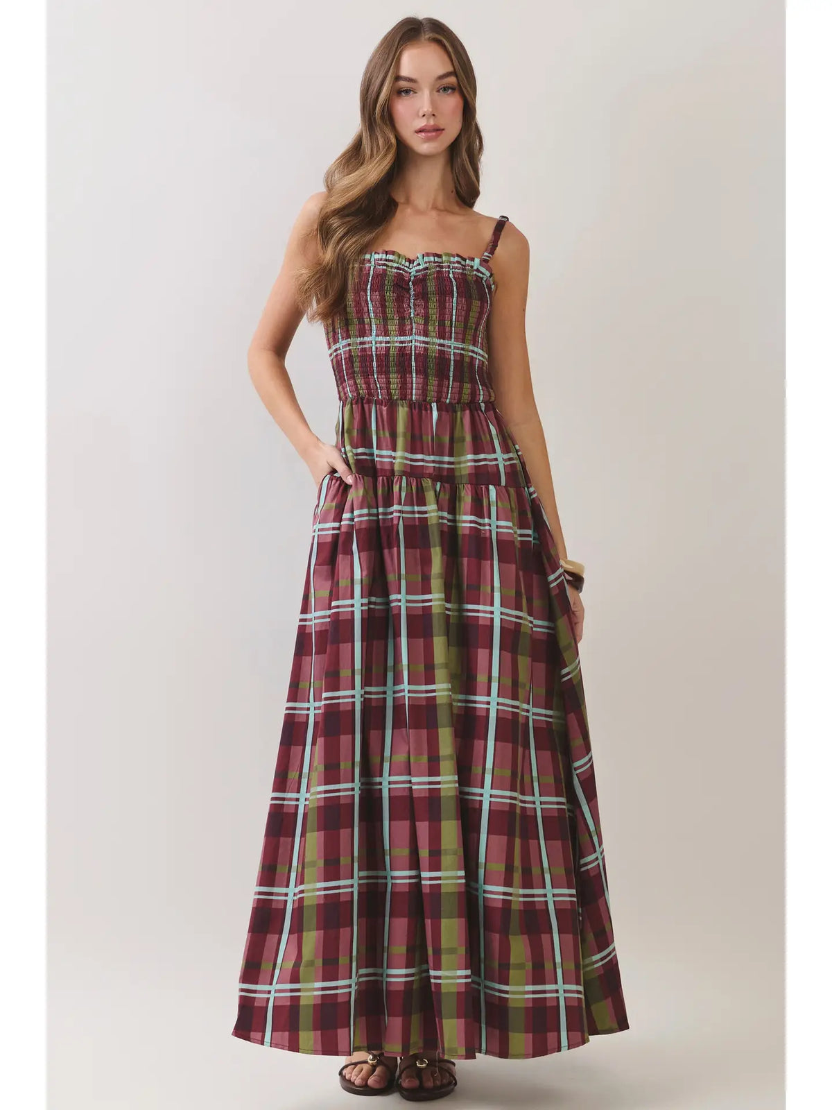 Plaid Smocked Tiered Maxi Dress - Burgundy