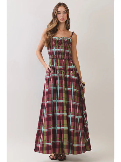 Plaid Smocked Tiered Maxi Dress - Burgundy