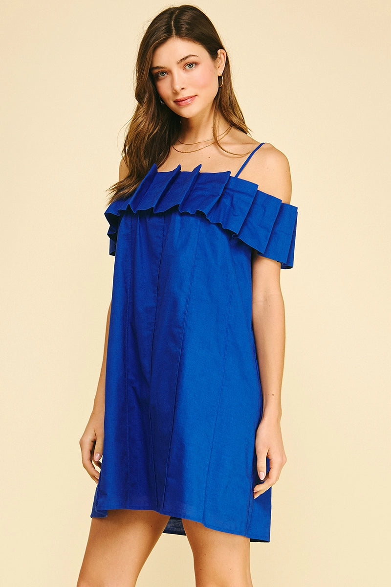 Ruffled Off Shoulder Mini Dress - Cobalt Blue