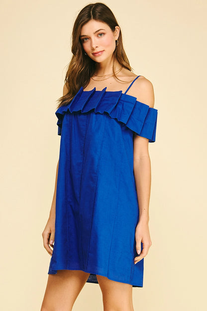 Ruffled Off Shoulder Mini Dress - Cobalt Blue