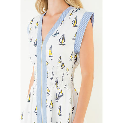 Short Sleeve Sailboat Pattern Midi Dress - Cream