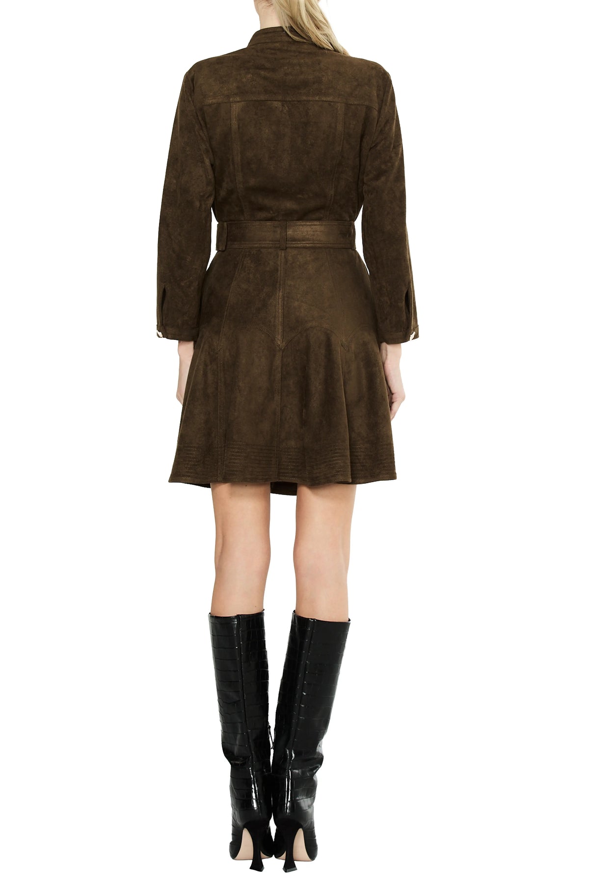 Karrie Belted Long Sleeve Faux Suede Shirtdress - Olive