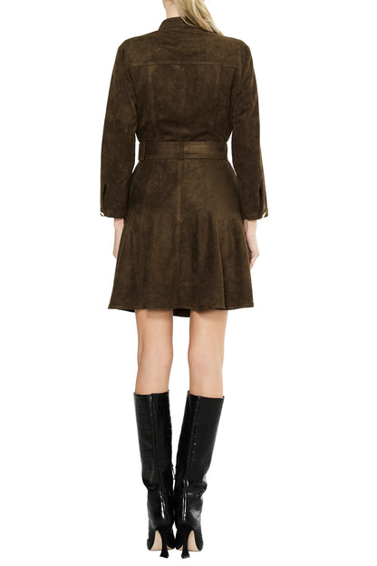 Karrie Belted Long Sleeve Faux Suede Shirtdress - Olive