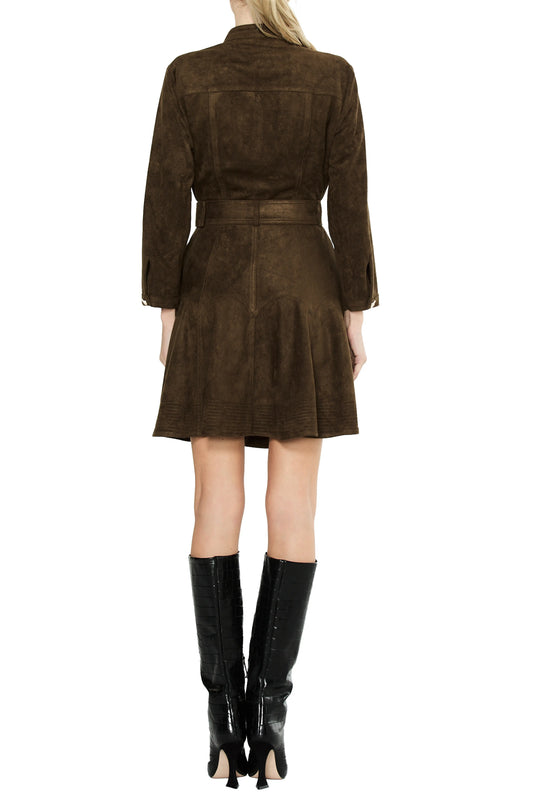 Karrie Belted Long Sleeve Faux Suede Shirtdress - Olive