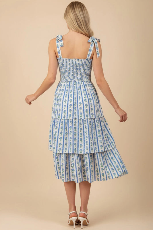 Striped Floral Smocked Midi Dress - Blue
