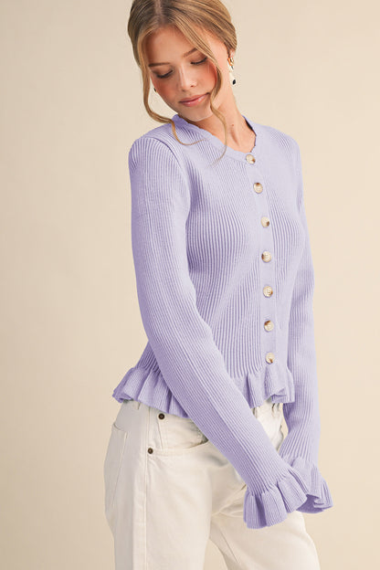 Ruffle Hem Ribbed Knit Sweater Cardigan - Pastel Lavender