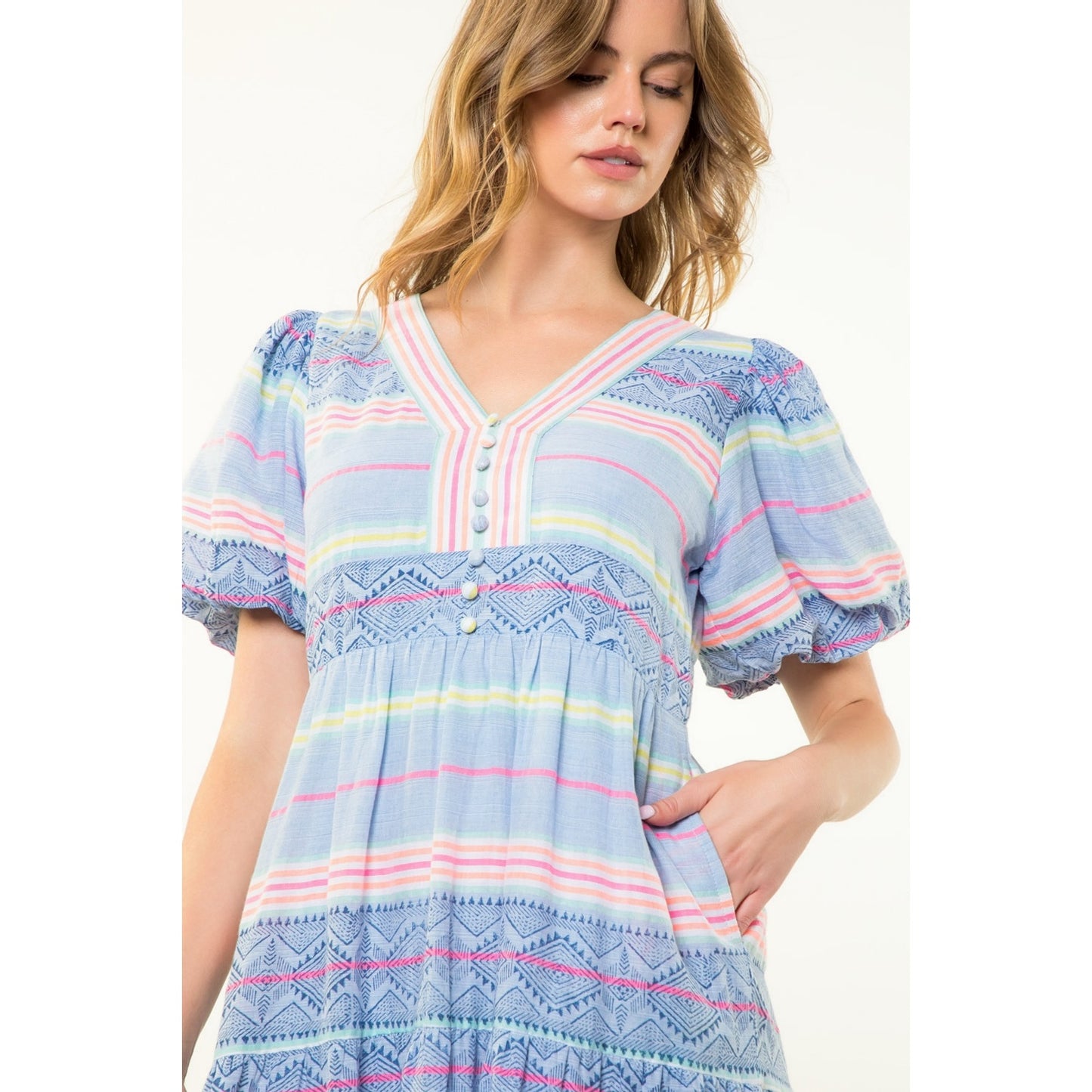 THML - Puff Sleeve Pattern Dress - Blue