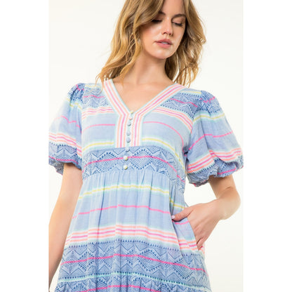 THML - Puff Sleeve Pattern Dress - Blue