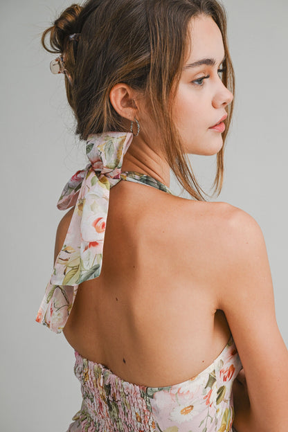 Floral Halter Mini Dress - Peach