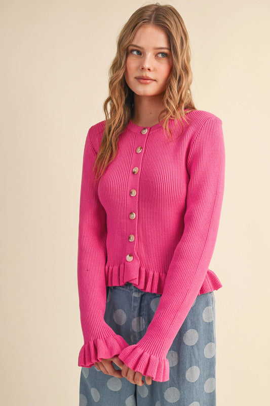Ruffle Hem Ribbed Knit Sweater Cardigan - Electric Fuchsia