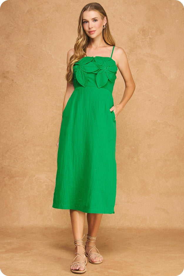 3D Floral Appliqué Midi Dress - Green