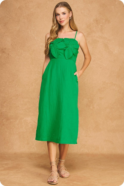 3D Floral Appliqué Midi Dress - Green