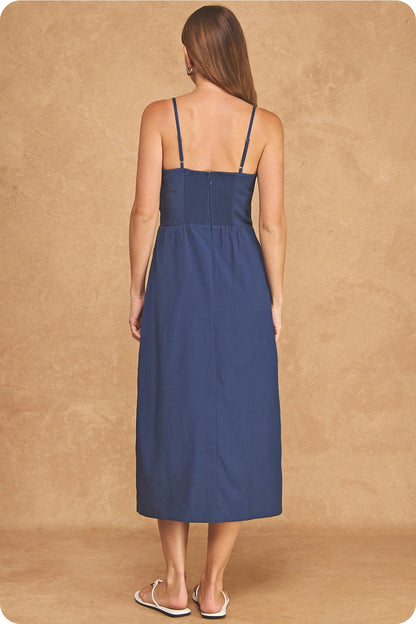 Statement Flower Rosette Top - Stitched Midi Dress - Navy/White