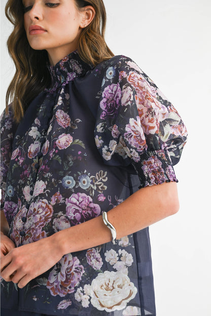 Floral Button Up Top and Short Set - Navy Flower