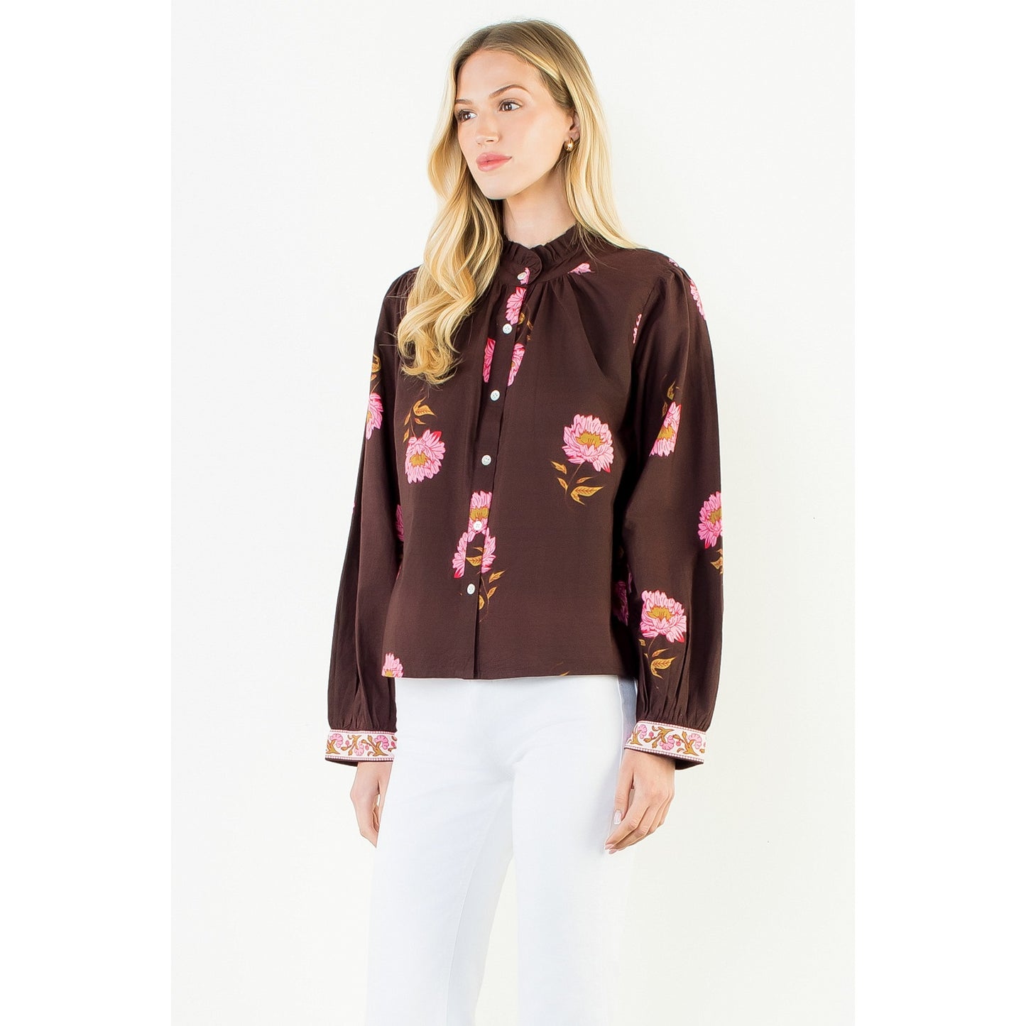 Long Sleeve Floral Top with Pattern Cuffs - Brown