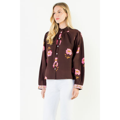 Long Sleeve Floral Top with Pattern Cuffs - Brown