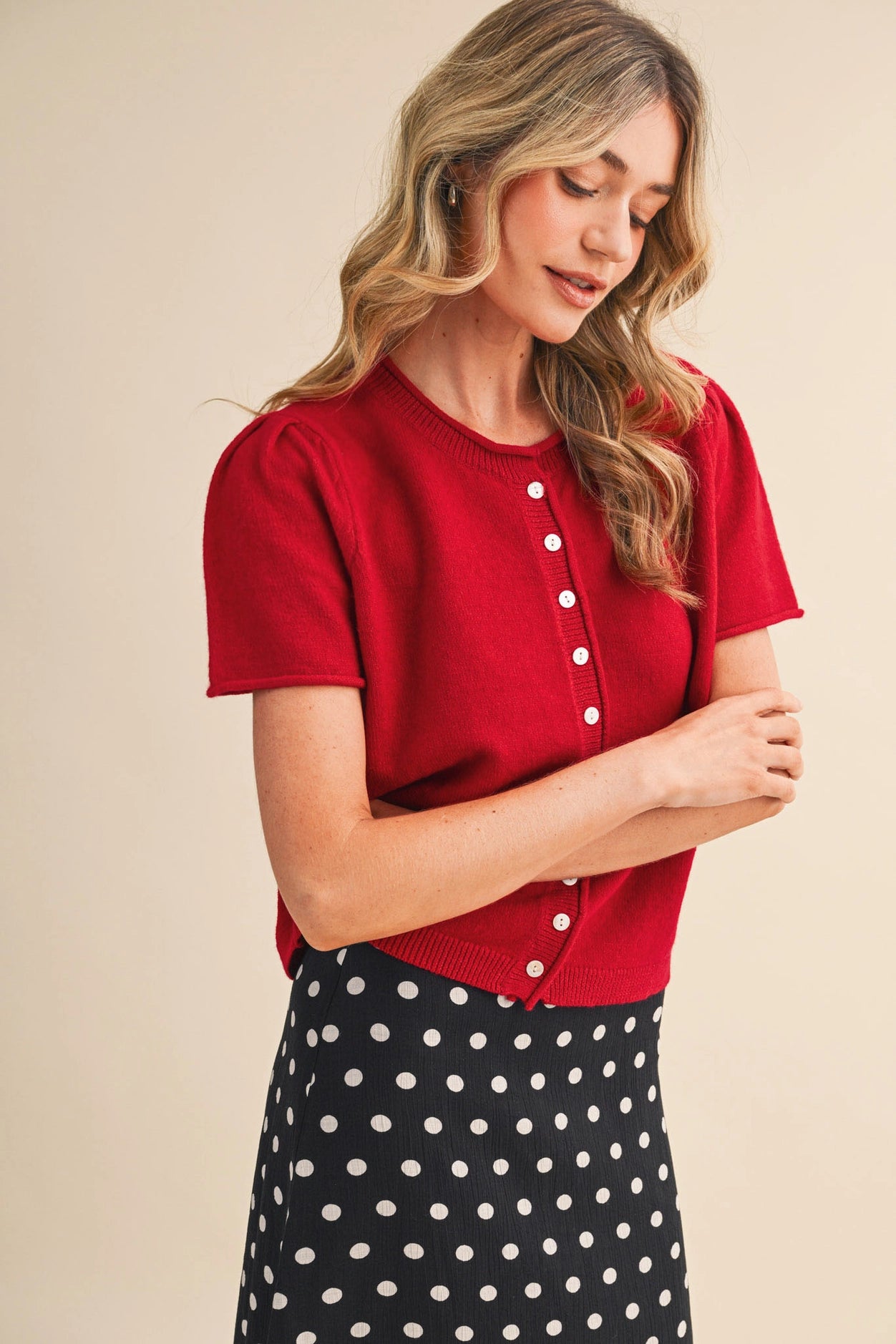 Short Sleeve Sweater Cardigan - Red