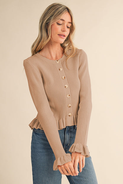 Ruffle Hem Ribbed Knit Sweater Cardigan - Mocha