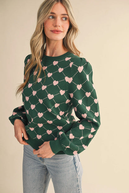 Heart Knit Puff Sleeve Sweater - Hunter Green Pink