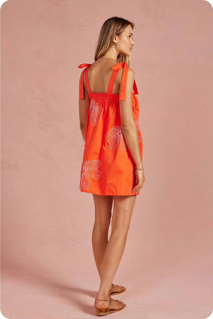 Embroidered Tie Shoulder Sleeveless Mini Dress - Orange/Off White